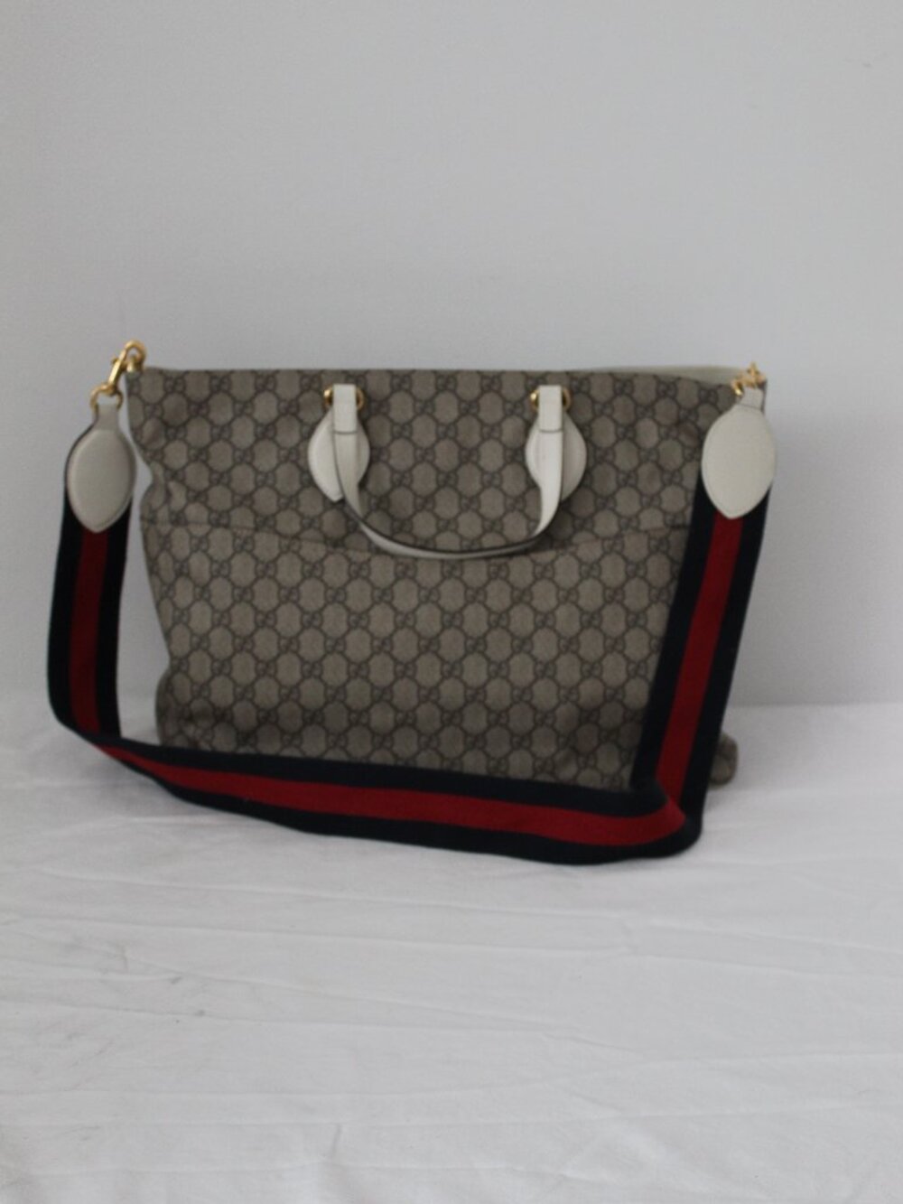 Gucci Soft GG Supreme Tote Shopper Diaper Shoulder Bag w Zip Top Pouch Web Strap